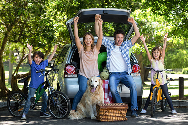 family of four cheering at the back of their open car